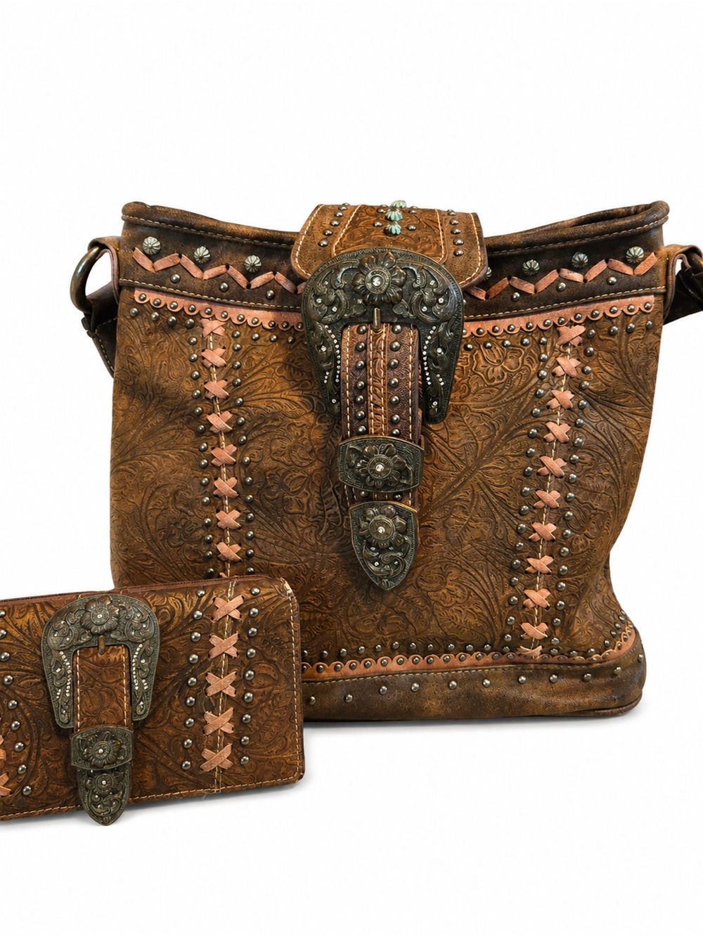 Montana West Tooled Faux Leather Tote Bag & Matching Wallet Set Western Style